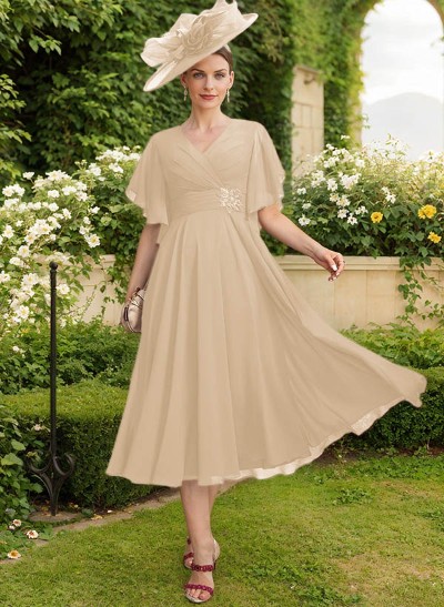 A-Line V-Neck Short Sleeves Tea-Length Chiffon Mother Of The Bride Dresses