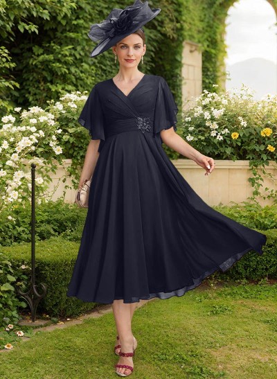 A-Line V-Neck Short Sleeves Tea-Length Chiffon Mother Of The Bride Dresses