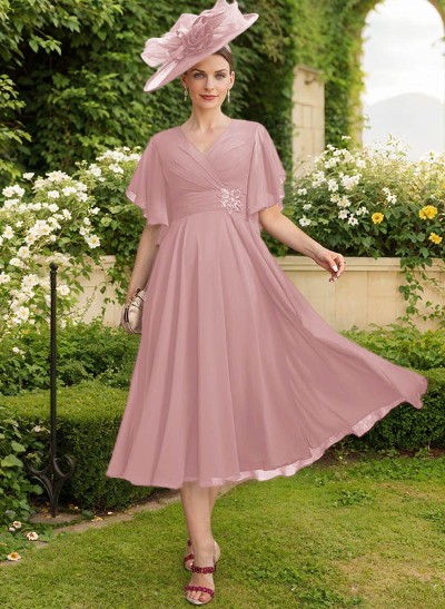 A-Line V-Neck Short Sleeves Tea-Length Chiffon Mother Of The Bride Dresses