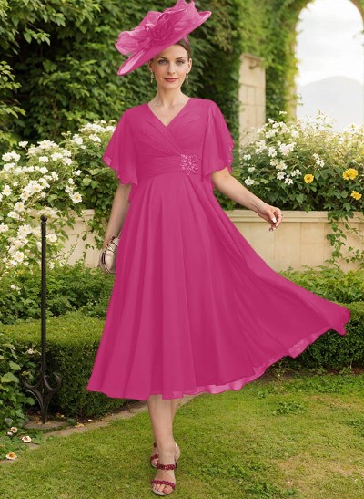 A-Line V-Neck Short Sleeves Tea-Length Chiffon Mother Of The Bride Dresses