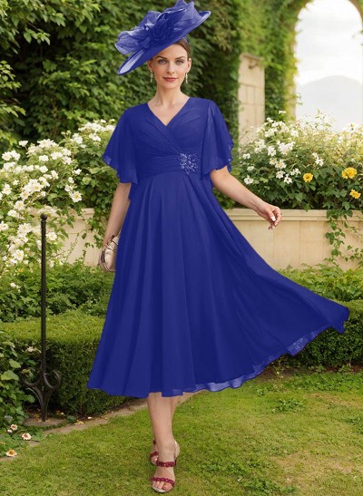 A-Line V-Neck Short Sleeves Tea-Length Chiffon Mother Of The Bride Dresses