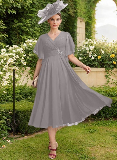 A-Line V-Neck Short Sleeves Tea-Length Chiffon Mother Of The Bride Dresses