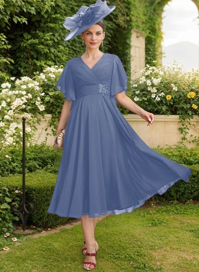 A-Line V-Neck Short Sleeves Tea-Length Chiffon Mother Of The Bride Dresses