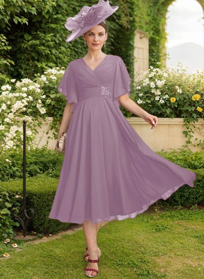 A-Line V-Neck Short Sleeves Tea-Length Chiffon Mother Of The Bride Dresses