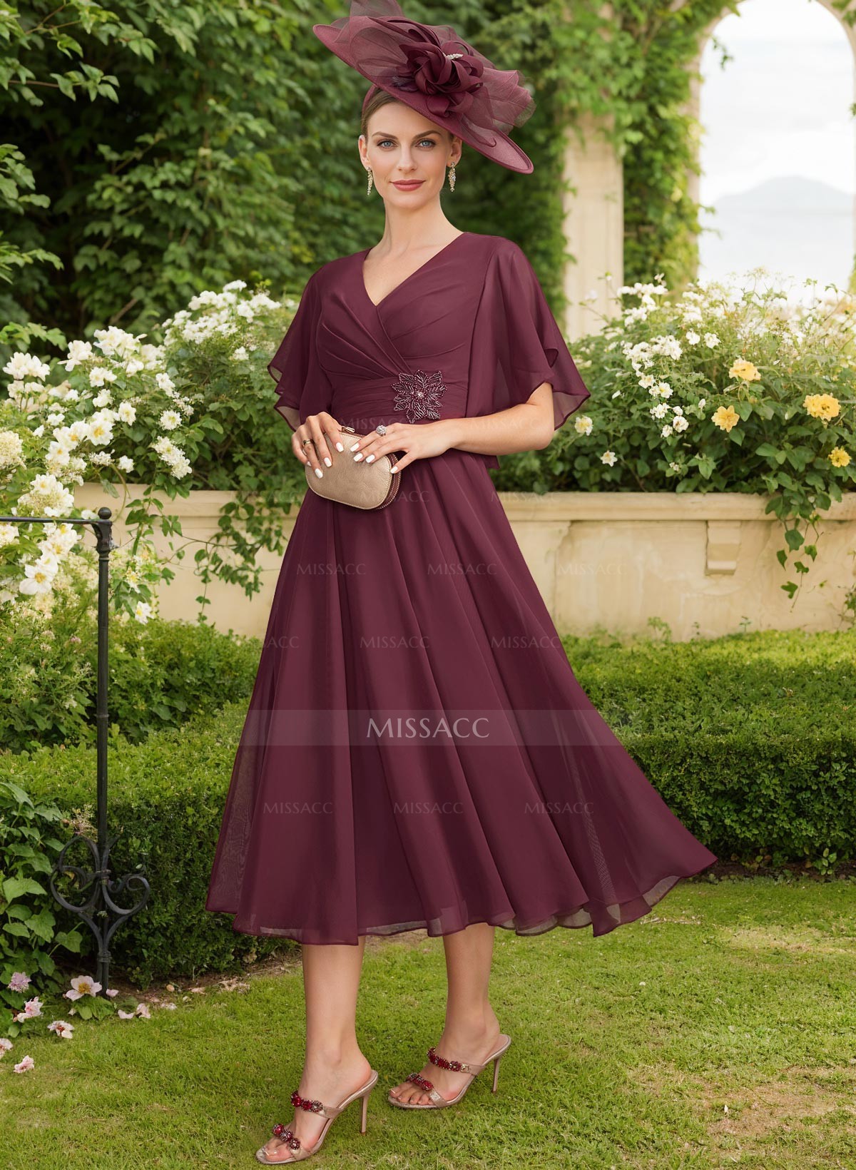 A-Line V-Neck Short Sleeves Tea-Length Chiffon Mother Of The Bride Dresses