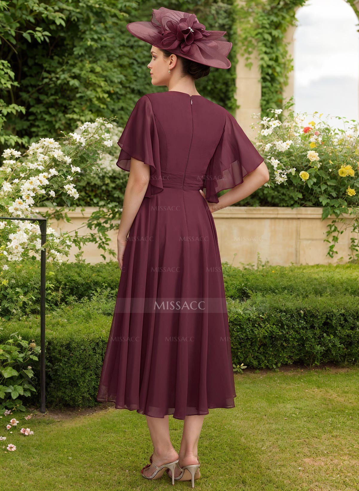 A-Line V-Neck Short Sleeves Tea-Length Chiffon Mother Of The Bride Dresses