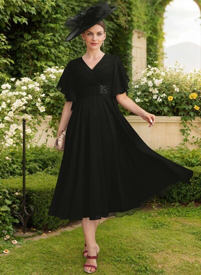 A-Line V-Neck Short Sleeves Tea-Length Chiffon Mother Of The Bride Dresses