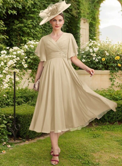 A-Line V-Neck Short Sleeves Tea-Length Chiffon Mother Of The Bride Dresses