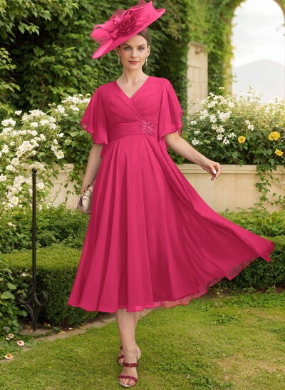 A-Line V-Neck Short Sleeves Tea-Length Chiffon Mother Of The Bride Dresses