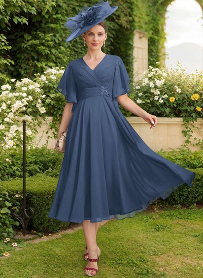 A-Line V-Neck Short Sleeves Tea-Length Chiffon Mother Of The Bride Dresses