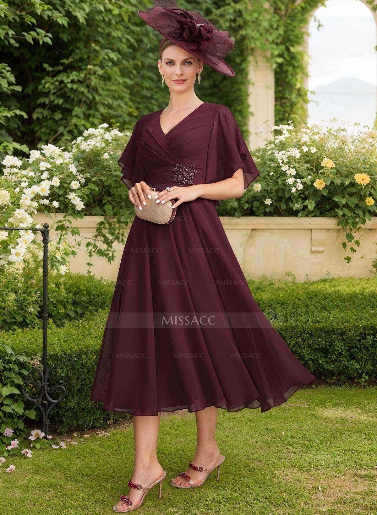 A-Line V-Neck Short Sleeves Tea-Length Chiffon Mother Of The Bride Dresses