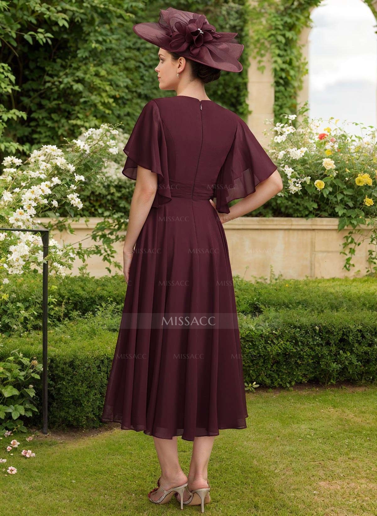 A-Line V-Neck Short Sleeves Tea-Length Chiffon Mother Of The Bride Dresses