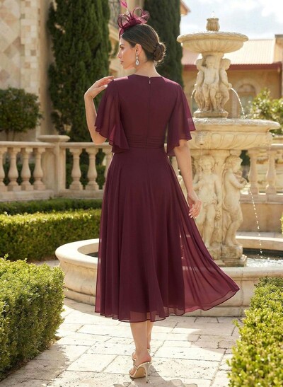 A-Line V-Neck Short Sleeves Tea-Length Chiffon Mother Of The Bride Dresses