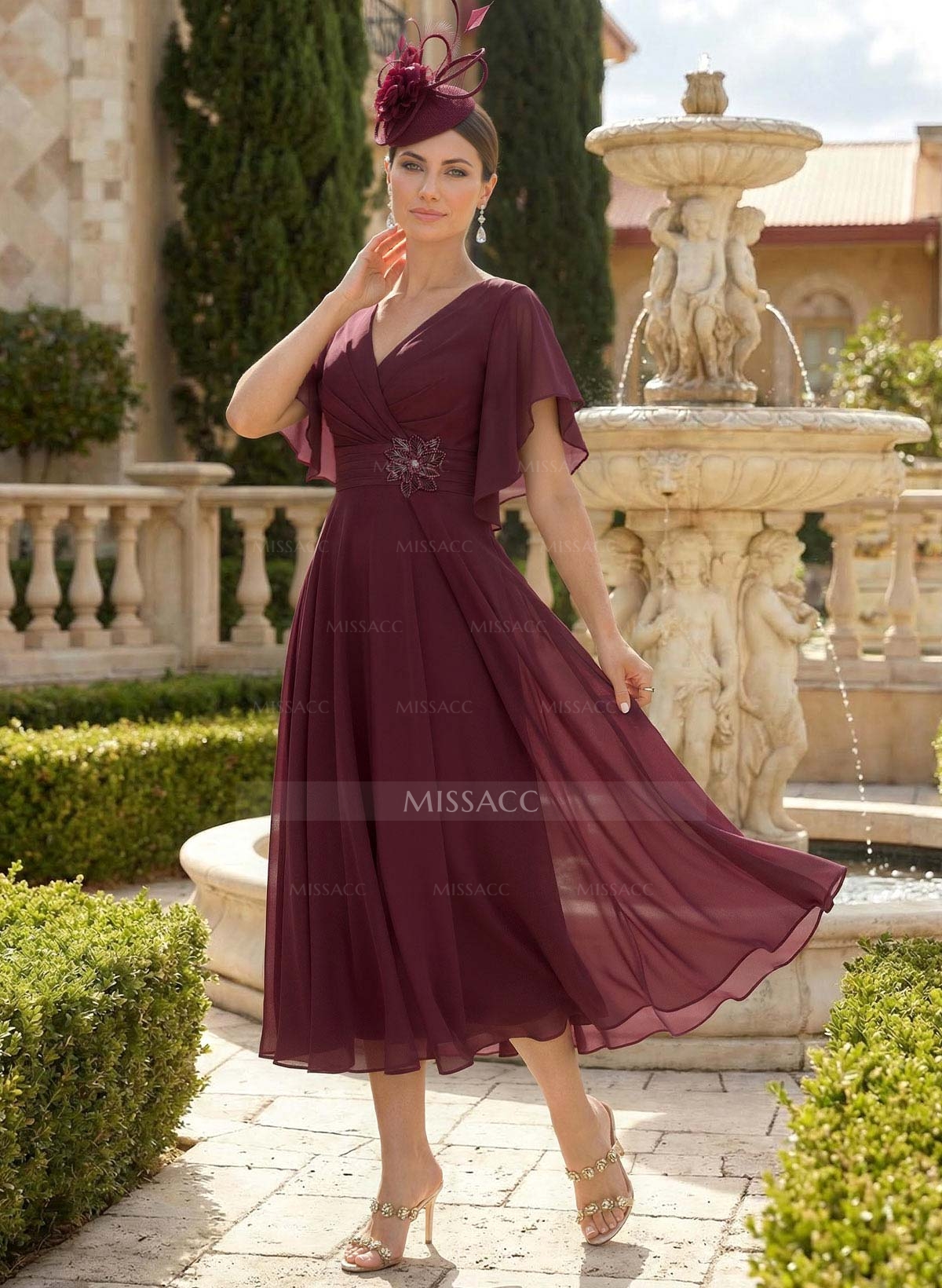 A-Line V-Neck Short Sleeves Tea-Length Chiffon Mother Of The Bride Dresses