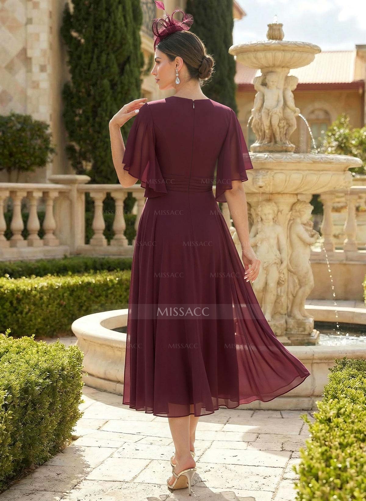 A-Line V-Neck Short Sleeves Tea-Length Chiffon Mother Of The Bride Dresses