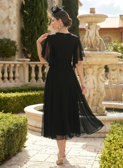 A-Line V-Neck Short Sleeves Tea-Length Chiffon Mother Of The Bride Dresses