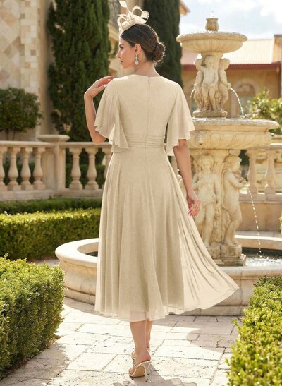 A-Line V-Neck Short Sleeves Tea-Length Chiffon Mother Of The Bride Dresses