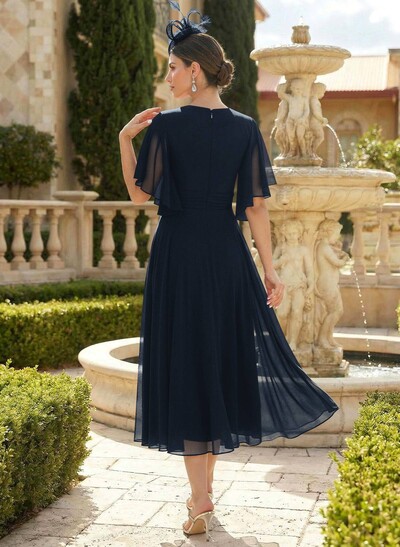 A-Line V-Neck Short Sleeves Tea-Length Chiffon Mother Of The Bride Dresses
