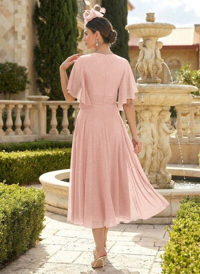 A-Line V-Neck Short Sleeves Tea-Length Chiffon Mother Of The Bride Dresses