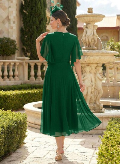 A-Line V-Neck Short Sleeves Tea-Length Chiffon Mother Of The Bride Dresses