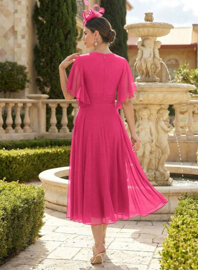 A-Line V-Neck Short Sleeves Tea-Length Chiffon Mother Of The Bride Dresses