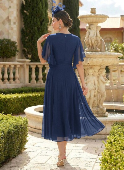 A-Line V-Neck Short Sleeves Tea-Length Chiffon Mother Of The Bride Dresses