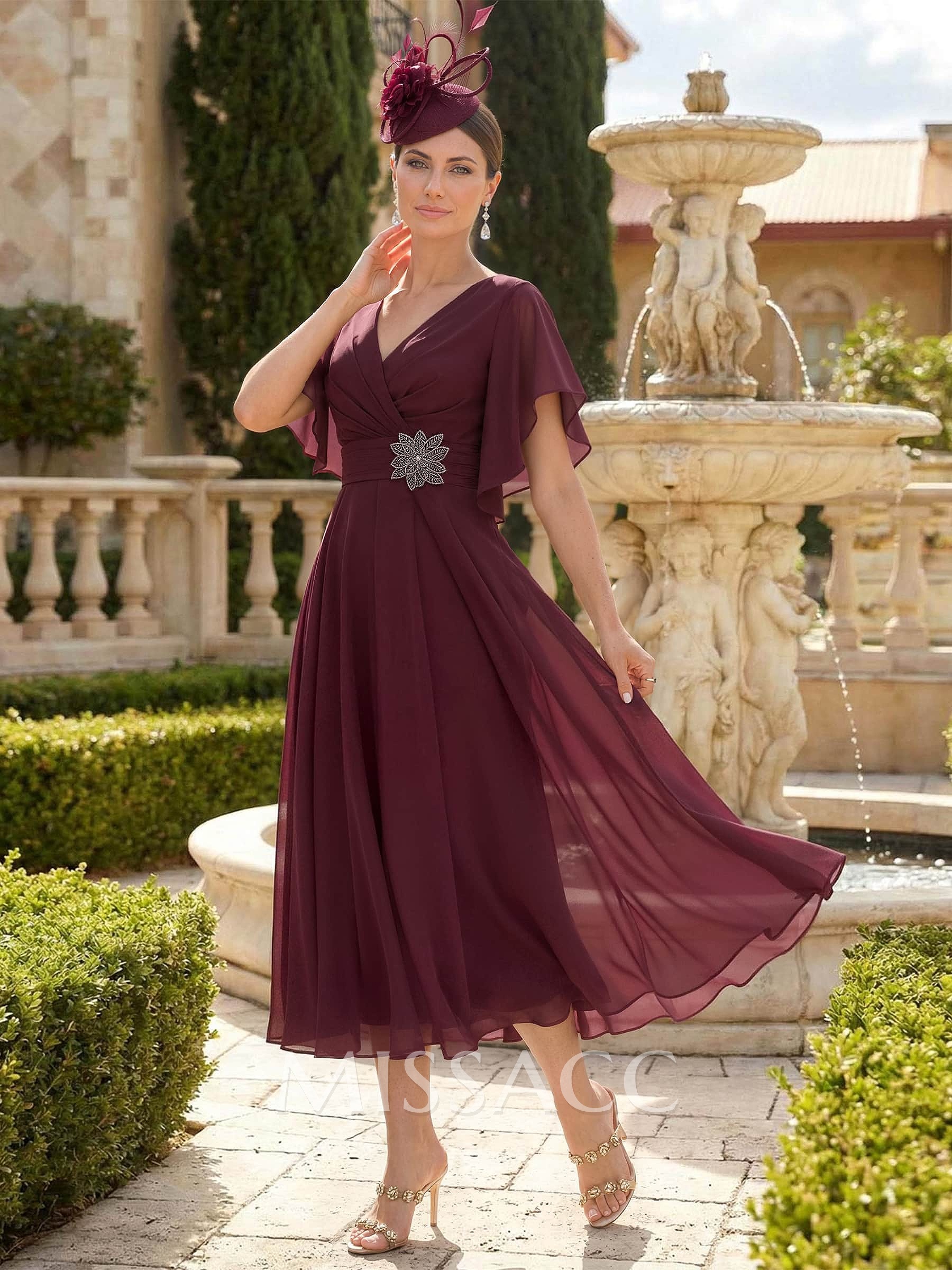 A-Line V-Neck Short Sleeves Tea-Length Chiffon Mother Of The Bride Dresses A-Line V-Neck Short Sleeves Tea-Length Chiffon Mother Of The Bride Dresses
