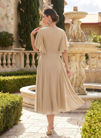 A-Line V-Neck Short Sleeves Tea-Length Chiffon Mother Of The Bride Dresses