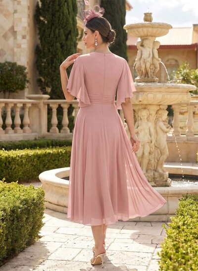 A-Line V-Neck Short Sleeves Tea-Length Chiffon Mother Of The Bride Dresses