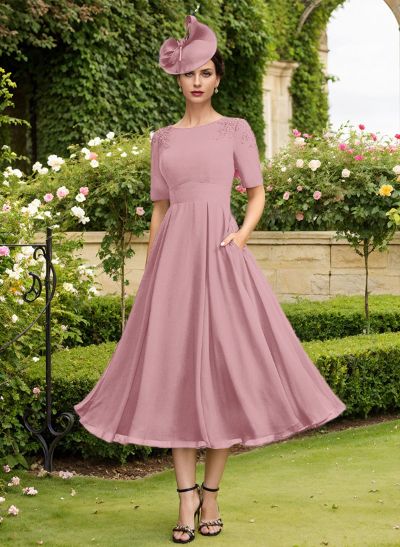 A-Line Scoop Neck Chiffon Mother Of The Bride Dresses With Pockets/Lace