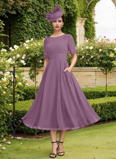 A-Line Scoop Neck Chiffon Mother Of The Bride Dresses With Pockets/Lace