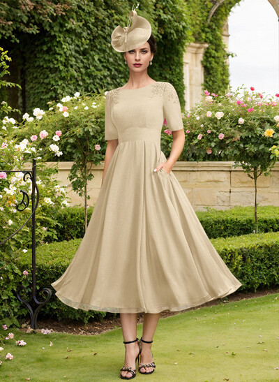 A-Line Scoop Neck Chiffon Mother Of The Bride Dresses With Pockets/Lace