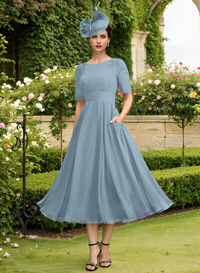 A-Line Scoop Neck Chiffon Mother Of The Bride Dresses With Pockets/Lace
