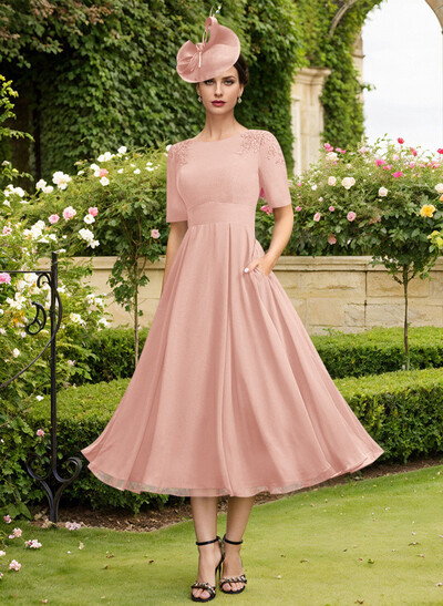 A-Line Scoop Neck Chiffon Mother Of The Bride Dresses With Pockets/Lace