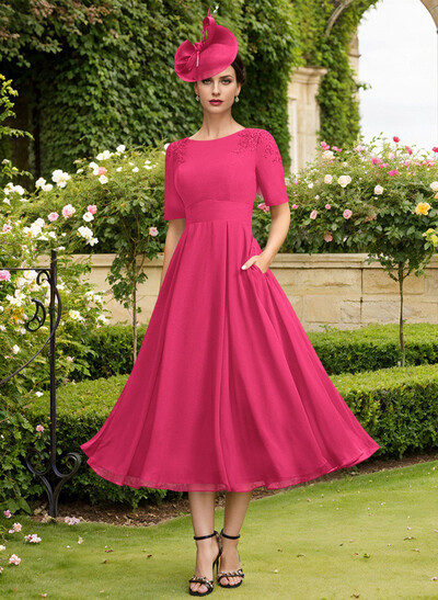 A-Line Scoop Neck Chiffon Mother Of The Bride Dresses With Pockets/Lace