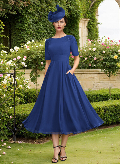A-Line Scoop Neck Chiffon Mother Of The Bride Dresses With Pockets/Lace