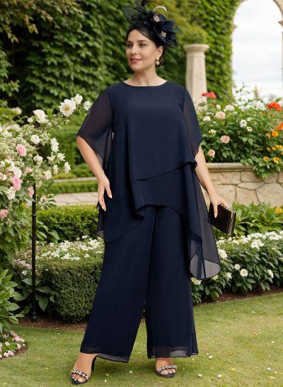 Jumpsuit/Pantsuit Scoop Neck Short Sleeves Chiffon Mother Of The Bride Dresses