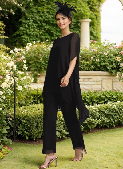 Jumpsuit/Pantsuit Scoop Neck Short Sleeves Chiffon Mother Of The Bride Dresses