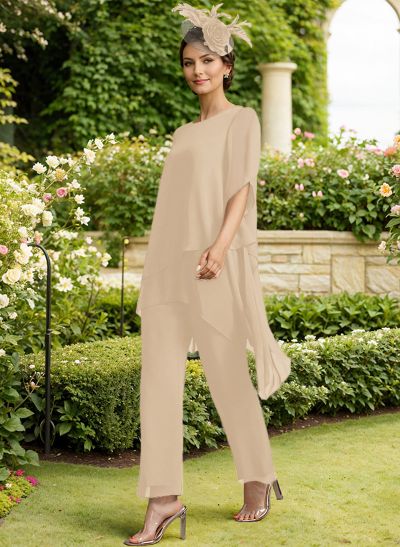 Jumpsuit/Pantsuit Scoop Neck Short Sleeves Chiffon Mother Of The Bride Dresses