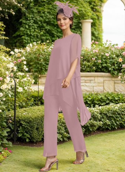 Jumpsuit/Pantsuit Scoop Neck Short Sleeves Chiffon Mother Of The Bride Dresses