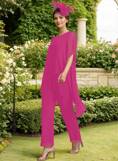 Jumpsuit/Pantsuit Scoop Neck Short Sleeves Chiffon Mother Of The Bride Dresses