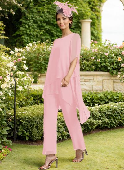 Jumpsuit/Pantsuit Scoop Neck Short Sleeves Chiffon Mother Of The Bride Dresses