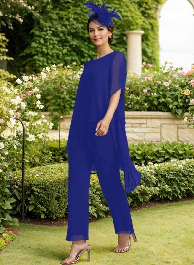 Jumpsuit/Pantsuit Scoop Neck Short Sleeves Chiffon Mother Of The Bride Dresses