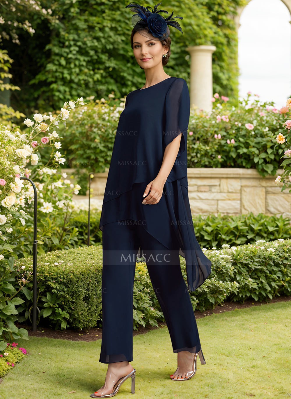 Jumpsuit/Pantsuit Scoop Neck Short Sleeves Chiffon Mother Of The Bride Dresses