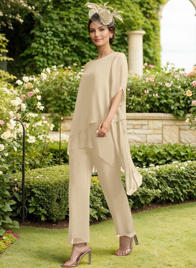 Jumpsuit/Pantsuit Scoop Neck Short Sleeves Chiffon Mother Of The Bride Dresses