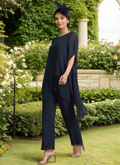 Jumpsuit/Pantsuit Scoop Neck Short Sleeves Chiffon Mother Of The Bride Dresses