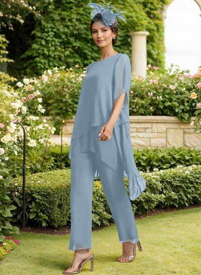 Jumpsuit/Pantsuit Scoop Neck Short Sleeves Chiffon Mother Of The Bride Dresses