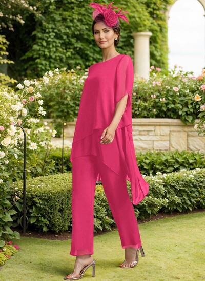 Jumpsuit/Pantsuit Scoop Neck Short Sleeves Chiffon Mother Of The Bride Dresses