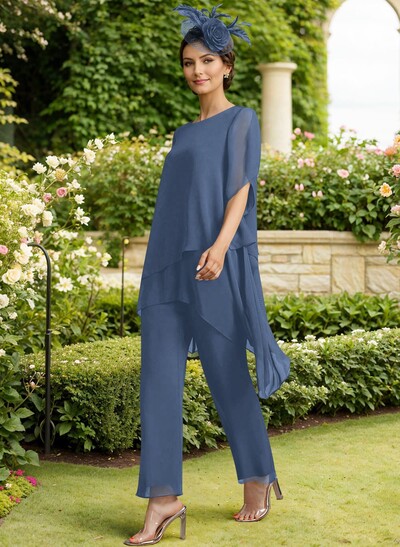 Jumpsuit/Pantsuit Scoop Neck Short Sleeves Chiffon Mother Of The Bride Dresses