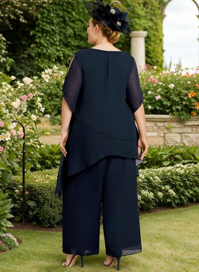 Jumpsuit/Pantsuit Scoop Neck Short Sleeves Chiffon Mother Of The Bride Dresses